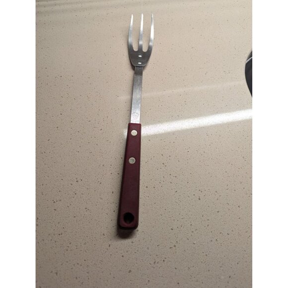 Vintage Ekco Forge Stainless Steel 3 Prong Meat Utility Fork Red Handle 11 1/4" - Picture 1 of 13